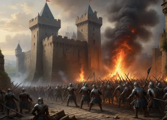 masterpiece, full color image, 8K quality, epic oil painting, The painting depicts the moment of the beginning of the storming of a medieval fortress in the early morning. Soldiers in steel armor and helmets climb ladders on high walls, from above the besieged shoot at them with bows and crossbows, pierce them with spears, pour tar, the fierceness of the assault is shown, the towers and walls of the flaming medieval fortress are visible. In general, the painter displayed many details, for example, smoke and fire covering the entire space of the painting, and the boredom of the advancing troops, he managed to convey the entire character of one of the fierce and heroic events of the war.