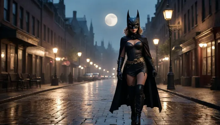 Lynx, villain, Gotham street. The image shows a girl dressed in a Batman-like costume walking down the street. She is wearing a tight black textured costume, a mask with ears, gloves, and a cape fluttering behind her. Around her waist is a gold belt with a buckle. On her feet are high boots with decorative elements.

The girl is standing on a city street paved with cobblestones that reflect the light. On both sides of the street are buildings with burning lanterns, the light of which is also reflected on the wet surface. In the background, a full moon is visible in the sky, creating a mystical atmosphere. Parked cars can be seen in the distance.

The overall color scheme of the image is blue and black, with accents of light from the moon and lanterns., 1girl, Gotham, street, moon, tas-art-style, gotham-city, cityscape, red, sky, sunset, night, city, lights, <lora:Gotham_Villains_Series_Lynx:.8>, horror, scene, dark, glowing, eyes, rooms, girl, kitchen, gore, <lora:3cfdf102b8e09e99ae7eb77b194d9459:.8>