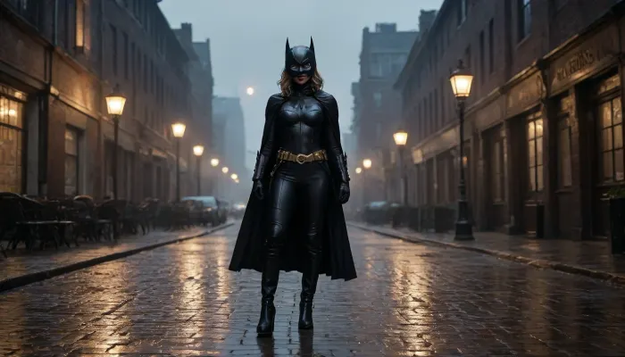 Lynx, villain, Gotham street. The image shows a girl dressed in a Batman-like costume walking down the street. She is wearing a tight black textured costume, a mask with ears, gloves, and a cape fluttering behind her. Around her waist is a gold belt with a buckle. On her feet are high boots with decorative elements.

The girl is standing on a city street paved with cobblestones that reflect the light. On both sides of the street are buildings with burning lanterns, the light of which is also reflected on the wet surface. In the background, a full moon is visible in the sky, creating a mystical atmosphere. Parked cars can be seen in the distance.

1girl, Gotham, street, moon, tas-art-style, gotham-city, cityscape, red, sky, sunset, night, city, lights, <lora:Gotham_Villains_Series_Lynx:.8>, horror, scene, dark, glowing, eyes, rooms, girl, kitchen, gore, <lora:3cfdf102b8e09e99ae7eb77b194d9459:.8>, supermodel, face, big, lips, <lora:Beautify-Supermodel-SDXL:.8>, <lora:278488_training_data:.8>
