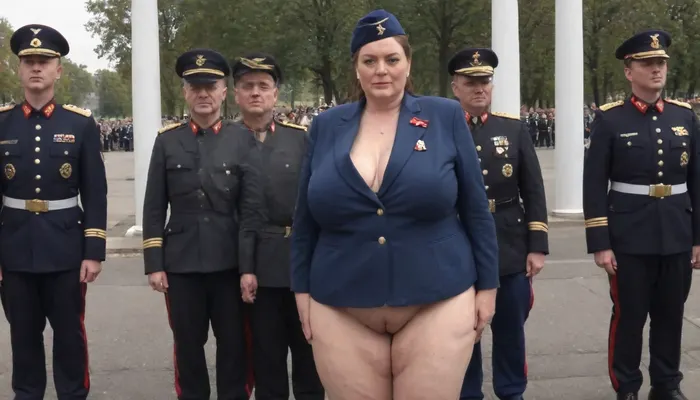 ((no skirt:1.5)), no panties on a OBESE 51-year-old European woman, grandma with hidden shaggy tits and shaggy belly under buttoned BLACK BLUE Military general parade suit. Shaved pussy is visible. BLACK hair, ((wrinkles:1.5)), . RED lipstick on thin lips, BLACK makeup, ((glasses:1)), . She is dressed only with, ((buttoned BLACK BLUE Military general parade suit:1.5)), buttoned up on the tits, ((officer's peaked CAP:1.5)), ., ((NO skirt:1.5)), NO PANTIES. long boots, belt, ((shaved pussy visible:1.5)), full figure visible, outdoor, war parade, realistic image, ultra HD, 8k, ((daylight)), HD, true colors, detailed portrait. No blur, VIVID COLOR full height 8k, megachubsdxl, morbidly, obese, <lora:megachubsdxl_13:.2>, <lora:milkers_v2:.2>, <lora:uniform:1.5>, sagging, breasts, <lora:sagging-000015:.1>