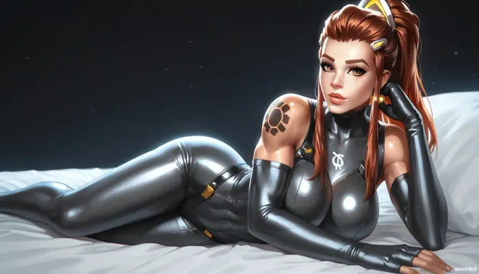 brigitte from Overwatch, solo, a very very very long thick braid, red hair, full lips, thick lips, huge chest circumference, dark olive skin, tight micro Starfleet Officer metallic high-necked long-sleeved high-rise bodysuit, sexy pose on the bed, black background