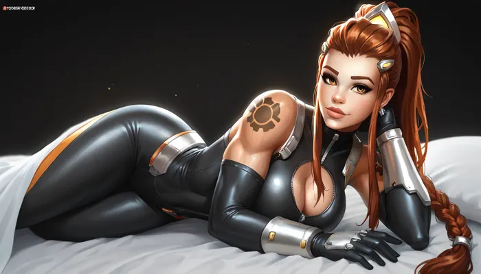 brigitte from Overwatch, solo, a very very very long thick braid, red hair, full lips, thick lips, huge chest circumference, dark olive skin, tight micro Starfleet Officer metallic high-necked long-sleeved high-rise bodysuit, sexy pose on the bed, black background