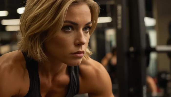 ziprealism, (inspirational action snapshot esthetic, inspirational poster), (athletic woman, bodybuilder, expression of determination and focus, muscular shoulders, working out:1.2), (f/2.8, shallow depth of field, layered composition, medium closeup shot, Dutch Angles, shot in profile, view from side, focus on eyes:1.6), (soft bokeh:.4), (ash-blonde hair, thick voluminous hair, hair cut in textured layers, short cut hair, plunging bob cut, swept-back hairstyle:1.4), (catchlights, limbal rings, large expressive eyes), (strong jawline, angular features, large teardrop breasts), igbaddie, <lora:igbaddie-XL:.4>, <lora:style_lora_realis:.8>