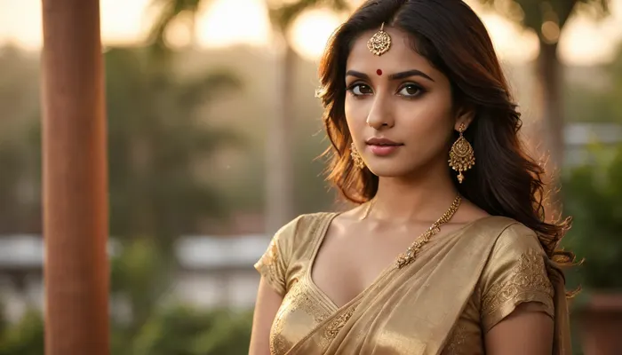 Ultra-realistic portrait of a stunning South Indian woman inspired by glamorous film stars, wearing a deep plunging neckline sari blouse with intricate gold embroidery, sari draped loosely to reveal toned shoulders and collarbone, shimmering warm-toned fabric, golden hour lighting, sultry gaze with half-smile, hair tousled and flowing, soft glowing skin, high-fashion magazine style, cinematic depth of field, bokeh background, extremely detailed, 8K, hyperrealistic skin texture