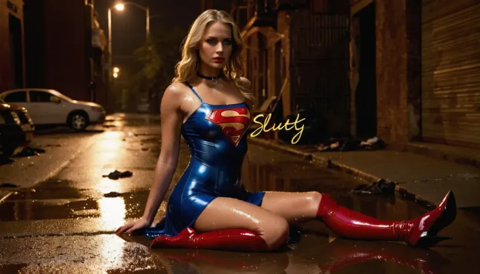 (on legs is handwritten in large letters text "Cheap Whore"), best quality, masterpiece, photo-realistic, ultra high res, fit and muscular, backlight, 18 year old woman, wet blonde hairs, submissive look, rain, ((torned shiny sexy skintight supergirl dress)), dirt and scratches on wet legs, high heels, sitting with legs spread, dark and dirty alley corner, agony, she is addicted to drugs and have a lot of scratches, lots of used condomes on the ground, istopia, drug addicted, cum is floating from the pussy, rim light, drug injection in arm, jizzed, struggling, whore, Transformed Into Obedient Fucktoy, slutty, night, trash on street, dirty, torn clothes, revealing clothes, low color saturation, perfect eyes and lips, (on her body and legs is written "Slut" in large letters), choker, wetshirt, <lora:288407_training_data:2>