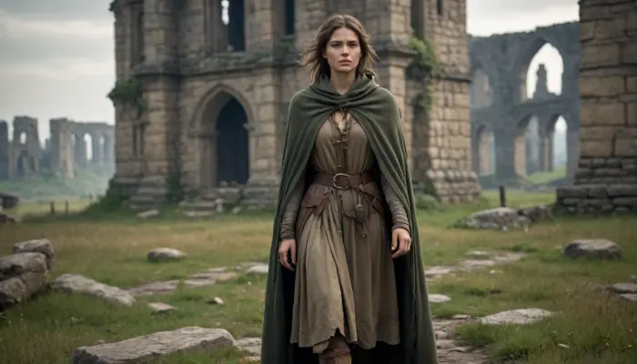 `Post-apocalyptic scene with nature reclaiming medieval ruins, ivy-covered stone castles, collapsed wooden watchtowers, overgrown cobblestone paths, and distant remnants of a shattered city with crumbling cathedrals. A weary woman in ragged, dirt-streaked clothing—patched woolen tunic, frayed cloak with a corroded clasp, scuffed leather boots—walks through a field of wild grass, her garments torn and stained with grime. She carries a dented copper flask, her face smudged with ash, sunlight filtering through haze to highlight the decayed landscape. 8k resolution, hyperrealistic textures, (weathered stone, matted fabric, oxidized metal), cinematic HDR lighting blending muted browns and gray-green tones, anti-aliasing, depth of field focusing on her figure against the ruins, ray-traced mist, lossless PNG format.`