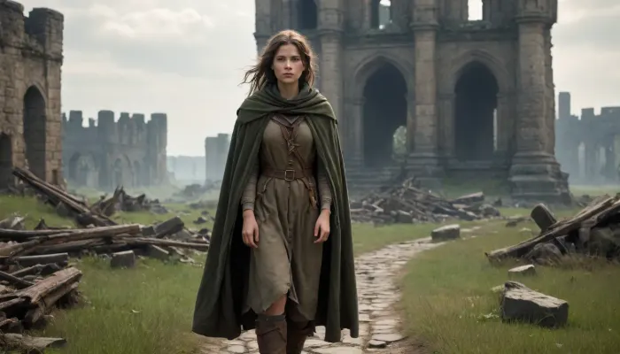 `Post-apocalyptic scene with nature reclaiming medieval ruins, ivy-covered stone castles, collapsed wooden watchtowers, overgrown cobblestone paths, and distant remnants of a shattered city with crumbling cathedrals. A weary woman in ragged, dirt-streaked clothing—patched woolen tunic, frayed cloak with a corroded clasp, scuffed leather boots—walks through a field of wild grass, her garments torn and stained with grime. She carries a dented copper flask, her face smudged with ash, sunlight filtering through haze to highlight the decayed landscape. 8k resolution, hyperrealistic textures, (weathered stone, matted fabric, oxidized metal), cinematic HDR lighting blending muted browns and gray-green tones, anti-aliasing, depth of field focusing on her figure against the ruins, ray-traced mist, lossless PNG format.`