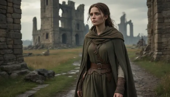 `Post-apocalyptic scene with nature reclaiming medieval ruins, ivy-covered stone castles, collapsed wooden watchtowers, overgrown cobblestone paths, and distant remnants of a shattered city with crumbling cathedrals. A weary woman in ragged, dirt-streaked clothing—patched woolen tunic, frayed cloak with a corroded clasp, scuffed leather boots—walks through a field of wild grass, her garments torn and stained with grime. She carries a dented copper flask, her face smudged with ash, sunlight filtering through haze to highlight the decayed landscape. 8k resolution, hyperrealistic textures, (weathered stone, matted fabric, oxidized metal), cinematic HDR lighting blending muted browns and gray-green tones, anti-aliasing, depth of field focusing on her figure against the ruins, ray-traced mist, lossless PNG format.`
