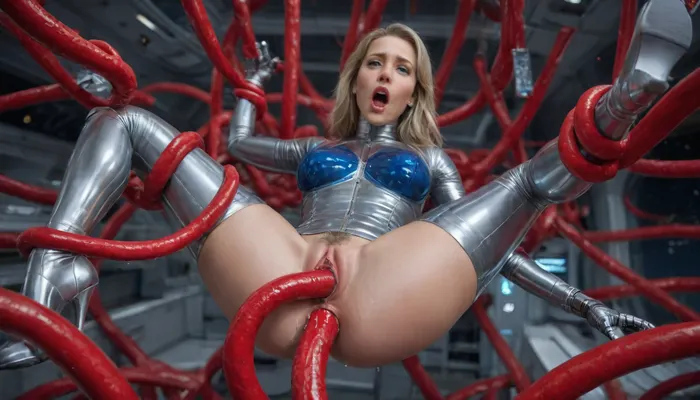 hyper photorealistic masterpiece, maximum quality, maximum details, maximum realism, (spaceship:1.7), (blonde hair, pubic hair), (Mature woman), Silver latex mask, (suspended, bdsm, wrists held by tentacles, ankles held by red tentacles), (silver high heel boots, silver harness), (metallic blue latex catsuit:1.4), metallic silver latex stockings, metallic silver latex gloves, (realistic anus, realistic vagina), (screaming, crying, shocked), (cum on pussy, cum on ass, cum on legs, cum on breast:.9), (Red tentacle monster:1.5), (huge red penis tentacle, vaginal, anal:1.3), pImgFixerPre0.3, detailxl, NEGATIVE_HANDS, <lora:Innovative_Makeup:2>