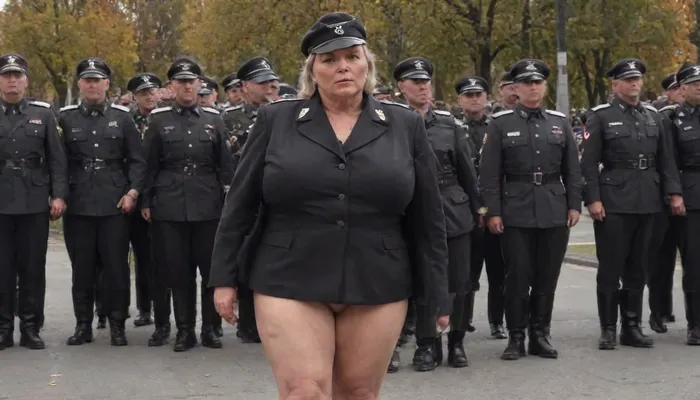 no skirt, no panties on a CURVY 51-year-old European woman, grandma with hidden shaggy tits and shaggy belly under buttoned BLACK Military parade suit. Shaved pussy is visible. Light grey blond hair, ((wrinkles:1.5)), . Dark lipstick on thin lips, BLACK makeup, glasses. Slut face. She is dressed only with, ((buttoned BLACK Military parade suit:1.5)), buttoned up on the tits, ((officer's peaked CAP:1.5)), ., ((NO skirt:1.5)), NO PANTIES. long boots, belt, ((shaved pussy visible:1.5)), full figure visible, outdoor, war parade, realistic image, ultra HD, 8k, ((daylight)), HD, true colors, detailed portrait. No blur, ultra HD photorealistic full height 8k, megachubsdxl, morbidly, obese, <lora:megachubsdxl_13:.8>, <lora:milkers_v2:.8>, <lora:uniform:.8>