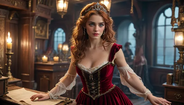 16th century, 1female princess, 1male pirate captain, Diana is an elegant, flat-chested princess with fiery red hair, (Diana is an incredibly beautiful princess with a slim and athletic figure), perfect face, perfect eyes, perfect hands, (she wears a somewhat revealing royal dark red velvet dress and a diamond-studded tiara on her head), (Diana is a prisoner aboard a large pirate sailing ship), (Diana's hands are tied:1.7), Diana has deep anal sex with a rough, impressive, (pirate captain with unkempt long hair:1.3), in his captain's cabin, (rum on the chart table, oil lamp, gold doubloons, untidy), ambient warm light, outside window is rain, night, storm, action pose, random angle, raw, princess, dress, <lora:MJ52:.8>, <lora:888698_training_data:1>, <lora:Pirate Ship Concept Art (VW Style)_epoch_10:.3>, <lora:Cloudy_Style:1>, <lora:xl_princess_dress-2.0:1.4>
