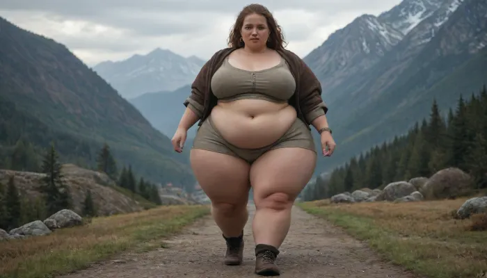 viking, hyper hips, heavyweight, fat woman, obese, (fully dressed:1.3), night mountain, massive fat thighs, hiking