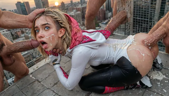 summer heat, bright sun, clear weather, ((Close-up girl)), (18 years old), (young), (spider girl Gwen), Braided side Side Cornrows Hair, (tight outfit), athletic body, hood on head, (blonde with pink strands), ((on the roof of a high-rise building, New York, daytime)), (((pyssy cameltoe))), hand, perfect body, gorgeous face, beautiful face, (highly detailed hair), (highly detailed face), highly detailed body, freckles, full body, anal, stretch anus, painful anal, gang bang, group anal rape, tight anal, scared face, realistic cum, (cum on clothes:1.4), cum on, (Cum flows:1.5), (cum on body:1.4), cum on hair, (cum on face:1.7), bukkake, ((Clothes and body covered with semen)), (mouth filled with cum:1.5), (cum on hair:1.3), woman, cum, on, face, anal spitroast, gagging on cock, screaming, shocked, tearful, huge penis penetrating anus, deep anal penetration, deep throat penetration, realistic, anatomically correct, spitroast, shot from below, Uber realistic, 8k, ultra detailed, arched back, ((Ultimate realistic photo details)), (((dynamic sexy pose))), (((bright sunlight))), detailxl, large, breasts, big, boobs, huge, tits, 35mm photograph, film, professional, 4k, highly detailed, 1girl, 5 boys, hdr, photographic, ultra realistic, ultra high details, back light, looking at viewer, (front view), (dynamic pose), high resolution, anal sex, with large muscular black men, gargantuan black cocks, anal sex expansion, large hyper muscular black men, (enlarged gaping rectum), oral cream pie, interracial gangbang, (interracial sex), swollen black veiny cocks, (double anal penetration), hardcore double penetration, proper physics, big black cocks, muscular black interracial gangbang, extremely graphic, shocked expression, beautiful hands, massive cum in ass, five distinct non-fused fingers on each hand, hyperrealistic, 8K, BadX, Stable-Yogis-Makeup-Enhancer-XL, spectacular lighting, (((large massive, veiny cock in mouth:1.16))), (eyes wide open in horror:1.72), (wide mouth spreader:1.12), (pleading expression:1.28), (terrified:1.36), (crying:1.24), (fear and panic:1.36), (very high view:1.7), (man is choking her from behind:1.4), ((hogtied, bound for sex, tied up)), red whip marks on body and tits, (whip_marks:1.18), (flogged_tits:1.24), slap marks, deepthroat, black spiked pet collar with leash, tied up in chains, hands behind back, (anal:1.5), (masterpiece:1), blushing, DETAILED background, porn photoshoot, (huge dick), (creamy deep deepthroat:1.24), (extreme oral sex:1.4), (huge massive white dick:1.4), (cum), (hands holding hair), (huge dick:1.4), (creamy deep deepthroat:1.12), (bukakke), (cum in face, cum on body), (covered in cum), <lora:JustCum:2>, <lora:detailed_notrigger:2>, <lora:add-detail-xl:2>, <lora:677862_training_data:2>, <lora:LCMTurboMix_Euler_A_fix:2>