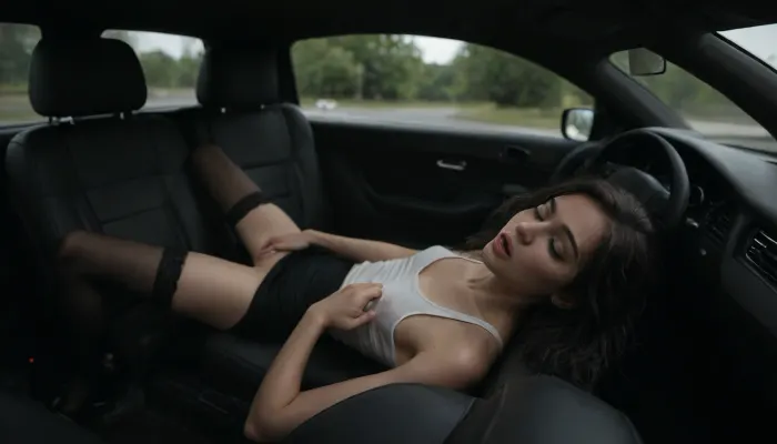Beautiful 30 year old skinny dutch model, (((black pencil skirt))), skinny, small breasts, long legs, sheer black thigh highs, patent leather stiletto heels, white tank top, in the passenger seat of a parked car, ((masturbating)), eyes closed, back arched, head thrown back, driver's pov, facing viewer, bokeh, <lora:dark:.4>