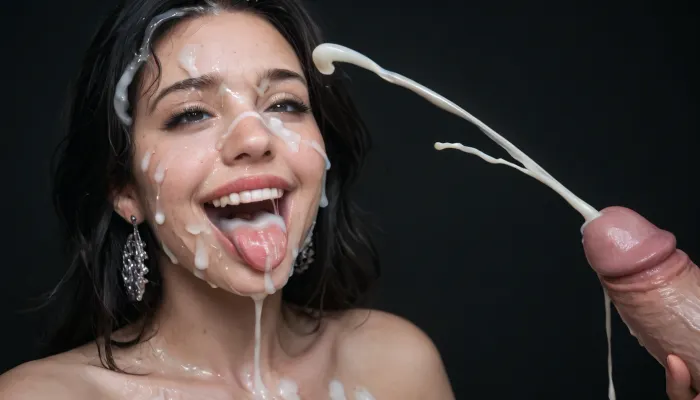 close up of a huge 15 inch white dick, masturbating, (ejaculation:1.7), cumshot into the wide open mouth of a mature curvy woman with black hair, happy, horny, sadistic grim, smiling, tongue sticking out, excessive cum dripping from tongue, black room, black background, (Cum details), realistic cum, Prominent cum, (white cum:1.7), cum on, (Cum flows:1.2), (cum on body:1.3), cum on head, (cum on face:1.3), bukkake, ((body covered with semen)), cum, face, Face covered in cum, (A lot of cum:1.5), <lora:JustCum:.7>, <lora:cum_in_eye_deepmind:.8>