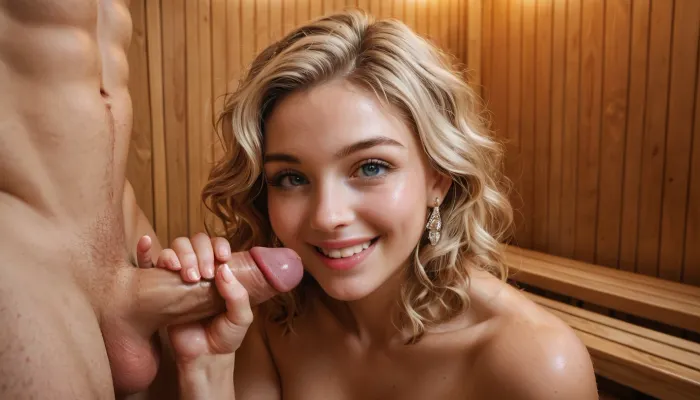 masterpiece, dslr, ultra detailed, bright light, bright colors, handjob in sauna, mouth very wide open, angelic smile, looking at me