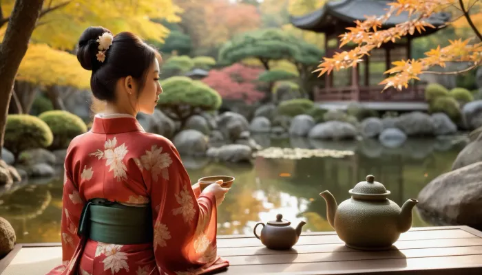 (best quality, masterpiece:1.2), (photorealism:1.3), traditional Japanese art, beautiful calm Japanese woman, (sitting on tatami:1.1), profile, from behind, full height, dressed in an exquisite, (light kimono with a floral pattern:1.2), with a detailed design, (traditional Japanese hairstyle:1.1), (holding a teapot:1.4), performing a tea ceremony, (looking at a lush autumn Japanese garden:1.4), (Zen garden with a pond and stones:1.2), (autumn maples and other trees), intricate stone lanterns, (yellow and red foliage:1.1), (green bonsai:1.3), soft natural light, warm sunlight, (sunlight filtering through trees:1.1), spotted light, shallow depth of field, sharp focus on the woman and foreground, blurred background, bokeh, peaceful atmosphere, tranquility, tea ceremony set, traditional Japanese interior, shoji screens, wooden frames, morning light, golden hour, cultural, serene, high detail, complex textures, profile view