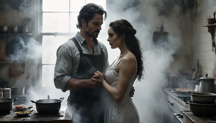 18 century, the young 26-year-old submissive shy kitchen help long dirty dress is working in the kitchen with a male cook, sweaty, worn out, (a dominant male matured grim cook), male cook is touching her ass and tits, (grabbing her pussy:1.7), FRESHIDEAS, Real, Photography, 2#, Black, and, white, art, black, shading, charcoal, toned, brutal, dark, b/w, color, scheme, cloudy, smoke, atmospheric, clouds, fog, <lora:FRESHIDEAS Real Photography 2#:1.1>, <lora:Black and white art.V1:.1>, <lora:MJ52:.4>, <lora:add-detail-xl:1.9>, <lora:Cloudy_Style:1.4>