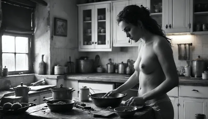 18 century, the young 18-year-old nude son exposes his erection to his stepmother. She is working in the kitchen, she is excited as she realize his erection, FRESHIDEAS, Real, Photography, 2#, Black, and, white, art, black, shading, charcoal, toned, brutal, dark, b/w, color, scheme, <lora:FRESHIDEAS Real Photography 2#:.6>, <lora:Black and white art.V1:.1>, <lora:MJ52:.4>, <lora:add-detail-xl:.9>