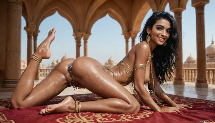 25 years old gorgeous female, blue eyes, ((slender body)), medium tits, long black hair, (dark skin:.7), transparent revealing clothes, jewelry, nipple chain, buttplug, ass shown, showing off ass, focus on ass, wet pussy, pussy juice, wet asshole, inviting you in for sex, kicking feet up, horny, in heat, hot, smiling, looking up at viewer, wants sex, side view, inside an Arabian palace, detailed background, <lora:add-detail-xl:.6>, <lora:Darker_skin_SDXL:.5>, <lora:284418_training_data:.8> 25 years old gorgeous female, blue eyes, ((slender body)), medium tits, long black hair, (dark skin:.7), transparent revealing clothes, jewelry, nipple chain, buttplug, ass shown, showing off ass, focus on ass, wet pussy, pussy juice, wet asshole, inviting you in for sex, kicking feet up, horny, in heat, hot, smiling, looking up at viewer, wants sex, side view, inside an Arabian palace, detailed background, <lora:add-detail-xl:.6>, <lora:Darker_skin_SDXL:.5>, <lora:284418_training_data:.8>
