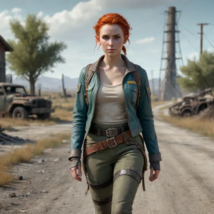 A full body view of an elf hybrid survivor girl walking through Fallout style wasteland, red hair in braids with a bun, freckles across pale cheeks, green eyes, pointed ears, feminine detailed face, survival outfit with light flowing fabrics and patched jacket, belts with pouches, rugged pants, reinforced boots, glowing runes painted on fabric, carrying energy bow glowing blue, cracked asphalt road with weeds, rusted vehicle shell, leaning metal poles with loose cables, ruined farm house in distance, tall rusted tower behind, dry twisted trees, pale orange radioactive haze in sky, cinematic lighting, ultra detailed, hyper realistic, 8k, photoreal, HDR, sharp focus, masterpiece, realistic textures, concept art