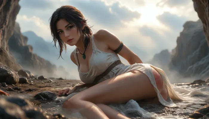 Tomb Raider laying behind a large campfire in front of the cave dwelling, slightly opened legs, random facial emotions, (highly detailed clothes:1.6), sun tanned skin, bikini tan lines, dark makeup, brown eyes, beige buckskin dress, (big natural breasts:1.2), laying on her stomach, arms behind back, rope tied arms, cleavage, upskirt, (shaved pussy:1.2), (very sweaty), spanking marks, red ass cheeks, cloudy, smoke, atmospheric, clouds, fog, Black, and, white, art, black, shading, charcoal, darkness, toned, brutal, dark, b/w, color, scheme, <lora:add-detail-xl:2>, <lora:MJ52:1.9>, <lora:Cloudy_Style:2>, <lora:Hell_Constantine_2005_-_Anime:.3>, <lora:Black and white art.V1:2>, side view, rear view
