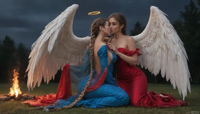 brunette demon girl with small red horns and red bat-like wings in red dress sitting on grass, blonde angel girl with massive white dove wings in blue dress behind her, long blue silk dress, ((long thick braid), , :2), lesbians, m size boobs, exposed breast, 6ft tall, kiss, (massive wings), (fire horns), campfire, halo, (night), (fisting), saint, evil, dancing imps
