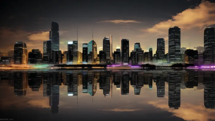 Several City silhouette with reflections and different colors. And in a black background.