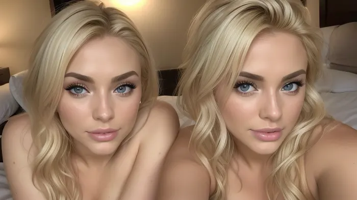 Candid selfie photo, UHD 8K, extreme realism, maximum detail, shy busty 21 year old redish blonde texas prostitute and her 19 year old blonde girlfriend, ffm sex, realistic detailed face eyes, nude naked, detailed Sun-kissed skin, lying on a bed in a seedy dark motel room at night, realistic lighting