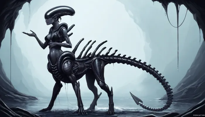 solo, female xenomorph, female xenomorph body, female xenomorph black skin, female xenomorph legs, female xenomorph feet, (humantaur with second female xenomorph body, female xenomorph four legs)