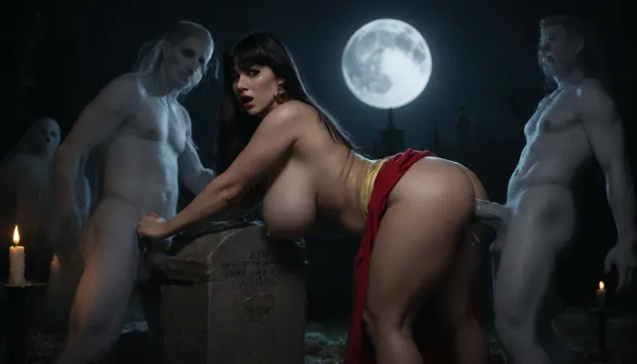Photorealistic, highly detailed, Nightime, candlelight’s, full moon, Ghostly orgy, in a graveyard a fat chubby Vampirella with massive teardrop tits is bending forwards over a gravestone, a ghostly Ghoul is impaling her hairy pussy onto his cock from behind, fangs, red and black Vampirella costume, massive cleavage, (Fucking ghostly cock:1.5), behind Vampirella other ghosts with glowing cocks are having a ghostly orgy, ghosts, bats flying around, hairy pussy dripping with cum, side view, 5, <lora:dark:.8>