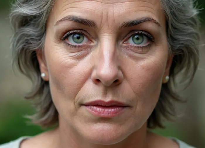 (Réalisme), portrait d'une femme de 60 ans, visage détaillé, des rides aux coins des yeux, le front froncé, cheveux argentés courts, yeux verts intenses