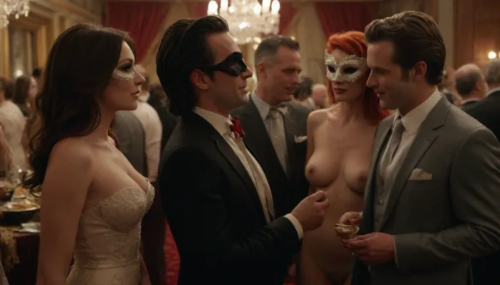 two married couples, husband and wife, meeting together, romantic meeting, swingers, (meeting for sex), wives with beautiful hairstyles, well-groomed, social party, wives in carnival masks, buffet, wives completely naked, (only in stilettos), wives with huge milky tits, husbands in expensive suits, (full-length image), (realistic), (high-quality image)