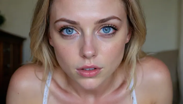 26 yo woman, seethru top, single person, bending torwards camera, standing, seductive, lustful, blue eyes, wideshot, 4k, photorealistic, intricately detailed face, intricately detailed pussy, intricately detailed eyes, cum filled pussy, lots of cum dripping from pussy