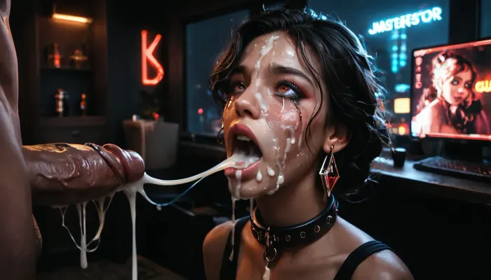 rich color palette, masterpiece, score_9, score_8_up, score_7_up, score_6_up, many guys, night, girl, gorgeous, extremely beautiful face, professional studio, female blushing, extra detailed, high definition, slave collar, huge cum loads, ruined makeup, very small, petite, very small body, (skinny:1.6), messy hair, (crying:1.4), screaming, agony, red ass from spanking, red cheeks from slaps, a young guy with a, (huge dick:1.4), fucks her, anal sex, deep anal sex, ((huge cum load on face:1.8)), shitting, shit on dick, reij-mg, neon, lights, dark, ambient, light, ohwx, woman, <lora:dark:.4>, <lora:reij-moderngothic-000006:.8>, <lora:PetiteNymphet_SDXL_v1.0:.8>