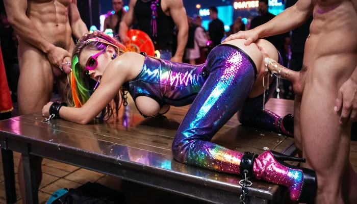 realistic masterpiece, 8K UHD, maximum quality, maximum details, maximum realism, on metal table, rainbow hair, (wrists shackled behind back, ankles shackled to metal table:1.2), top down, bottom up, (anal, deepthroat, gangbang:1.1), (crotchless bodysuit, purple, pink, multicolored, translucent, shiny, high heel boots:1.2), (realistic detailed vagina), night time edm festival, (laser lights), neon colored spot lights, glow sticks, black lights, realistic dark night, sad, cum dripping from pussy, (Endless_Up_SDXL_Neg:1.2), ImgFixerPre0.3, rvst, raver, girl, at, a, festival, in, sunglasses, music, with, glitter, 2017, 2012, party, costume, <lora:rvst:.4>, <lora:RaverGirls_XL_v1-000003:1.3>, <lora:Creat0r_MagicDetailzV2_FIX:1.8>
