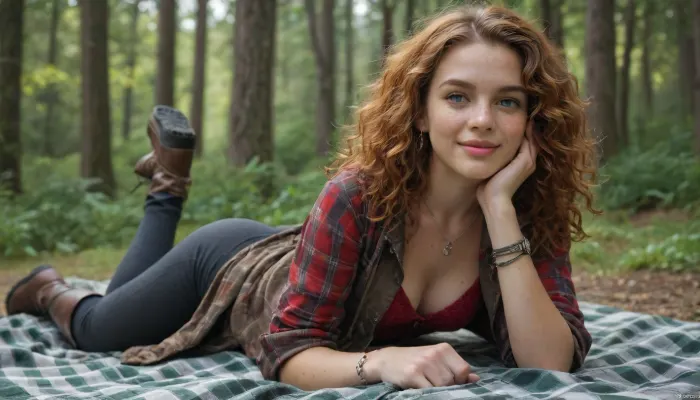 female, irish, 24 years, redhead, curly hair, (freckles:1.3), very skinny, round face, full lips, necklaces, bracelets, earrings, shiny spandex leggings, checkered buttoned red shirt, cleavage, trekking boots, trekking jacket, smiling, on a blanket in a forrest, <lora:ahxl_v1:1.3>