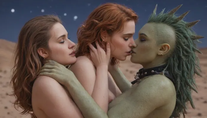 desert, (stars:2), (night:2), (human girl), (big boobs), redhead, (green alien), (green tail), sex, Saturn, (spikes:2), (lesbian:2)