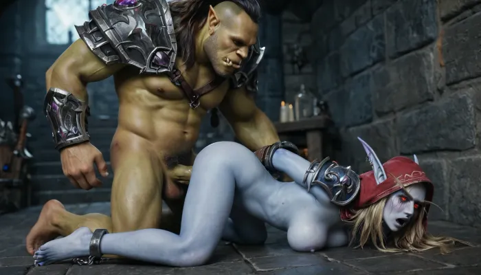realistic masterpiece, 8K UHD, maximum quality, maximum details, maximum realism, score 9, score 8 up, score 7 up, (dungeon), ((sylvanas windrunner from warcraft banshee, undead, worn broken black armor on the body and legs, smudged mascaraed, blue skin girle, dark pubic hair)), (bottom up, top down), shocked, (wrists shackled behind back, ankles shackled), realistic vagina, (Thrall from warcraft, orc, green skin male, vaginal sex:1.4), Endless_Up_SDXL_Neg, ImgFixerPre0.3, perfect, eyes, skin, blemish, detailed, <lora:polyhedron_all_sdxl-000004:1.2>