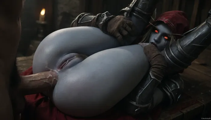 Cinematic still, UHD 8K, ((sylvanas windrunner from warcraft banshee, undead, worn broken black armor on the body and legs, smudged mascaraed, blue skin girle, dark pubic hair)), (orcs anal sex with cum), sperms flow on ass and pussy, legs thrown over head, <lora:dark:.1>