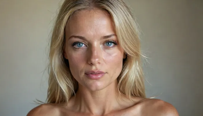 german milf, 50 years old, straight blonde hair, long hair, angel like face, narrow face, high cheekbones, slight overbite, bikini tan, freckles, perfect makeup, firm round breasts, nude, tanned skin, seductive smile, light blue eyes, photographers background, photographers lighting, front view, 4ng3l, face, perfecteyes, <lora:SDXL_BetterFaces-LoRA_v1:1>, <lora:lora-sdxl-perfect-eyes:1>, <lora:Realistic_People_V1:.9>