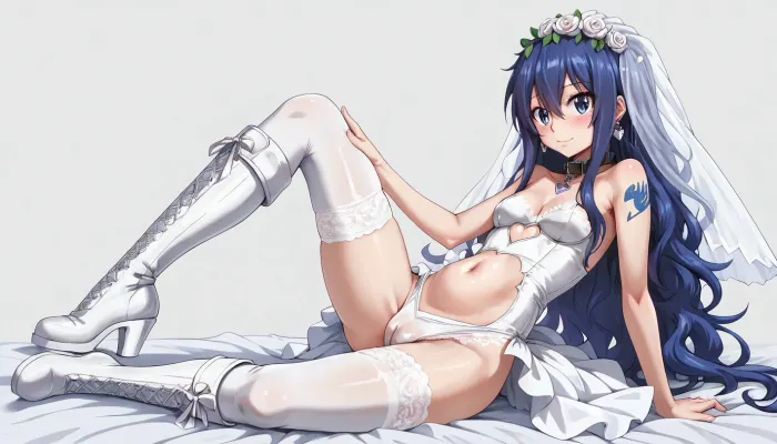 Wendy Marvell from Fairy Tail, naked, tight_fitting lace wedding dress and wedding veil, stomach_cutout, white knee-high leather boots with turn-up collar, white pantyhosed, extreme cameltoe Wendy Marvell from Fairy Tail, naked, tight_fitting lace wedding dress and wedding veil, stomach_cutout, white knee-high leather boots with turn-up collar, white pantyhosed, extreme cameltoe