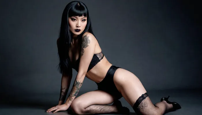 Actress Hana Mae Lee sensual figure, smooth glowing skin, brown eyes, blank semi-long hair, kneeling on a soft surface. Her back is slightly arched, hands resting on her thighs, a tattoo small at her left leg, a goth style makeup, black lipstick, black painted eyes, head tilted gently to the side with an alluring expression. Shot in a minimalist studio with dramatic lighting that creates subtle shadows across her body, ultra-detailed photorealism, perfect anatomy, lifelike detail, cinematic photography, 8K HDR..