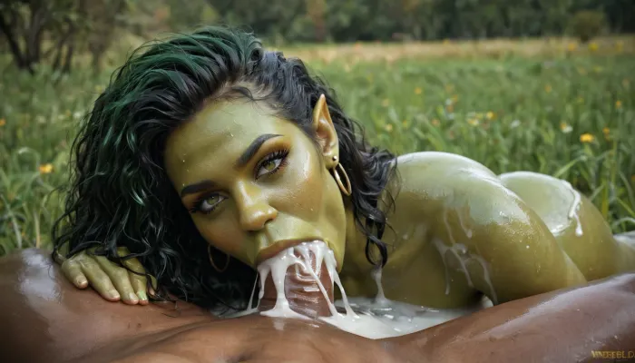 orc green skin lying on the meadow, gigantic long horse cock, Orc girl green skin in front of the orc's belly with his penis in her mouth, blowjob, deepthroat, excessive cum, massage, oiled