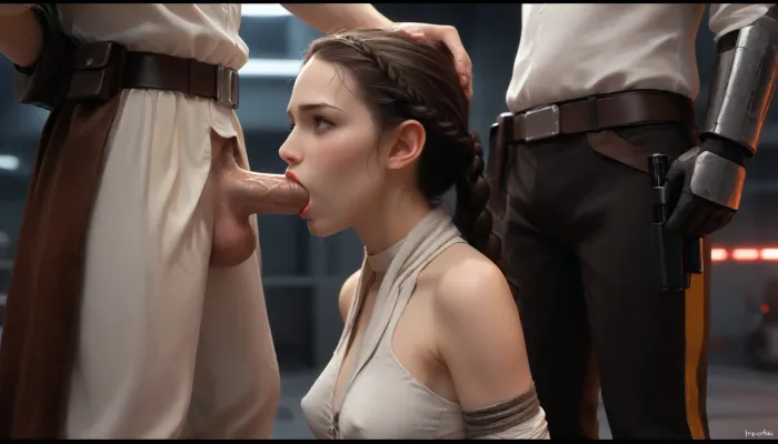 Cartoon, masterpiece, best quality, high resolution, hires, score_9, score_8_up, score_7_up, score_6_up, (Padmé Amidala:1.4), stocky body, medium breasts, perky pointed gumdrop nipples, tight white outfit with a Grey belt, large white scarf around neck, blaster gun holster, horny expression, breasts exposed, on knees, getting tied up by Star wars battle Droids, star wars battle Droids are capturing Padmè, deepthroat, balls deep, (tied up, captured, tied up in a star wars Droid factory), battle Droids from star wars surrounding padmè, gigantic thick vainy penis's, at night, faint red lighting, dark lighting, detailed background, side view, ratatatat74 art style, incase style, p4dme, woman, long, wavy, hair, blue, night, garb, white, uniform, chignon, coat, naboo, corset, braid, ponytail, tiara, 7-B2, <lora:287175_training_data:1.4>, <lora:ratatatat74-000050:1.4>, <lora:padme amidala - p4dme woman:1.4>, <lora:B2 Droid SDXL v1.0:1.4>