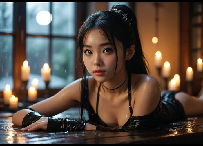 points_9, points_8, points_7, points_6, darkness, dark room, window, moon, candles, candles light, girl, (petite:1.3), 18 yo, best teeth, best asian, chinese, ((focus on eyes)), cute face, perfect eyes, black hair, ponytail, negative look, looking at viewer, (with ultra-high resolution 8K, masterpiece, best quality, maximum detail), best asian girl in thigh-high stockings, luxurious black anime dress, jewelry, bracelet, gloves, gloves to the elbows, fingerless gloves, hairpin, lying on table, lying on her side, ((close up ass, wet skin, side view)), <lora:MJ52:1.4>