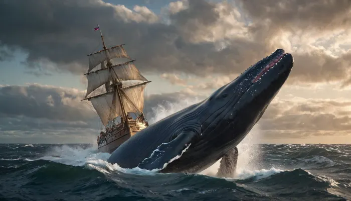 (UHD), Decades have passed since the whaler Essex sank in the Pacific, and the thirst for revenge and the promise to kill the giant, .1.3, whale called the mubydik that severed his leg a few years earlier are about to be fulfilled. A Norwegian whaler, with a harpooner with a wooden leg, fatigued by the great waves of the sea, pursues a giant whale called the movy dik. The storm rages, and the Norwegian ship is equipped with a large harpoon on the bow, along with a sailor with a wooden leg ready to fire the harpoon at the giant whale. The whaling ship pursues a 25-meter-long sperm whale in the midst of the storm. In front of the whaler, a large whale almost grazes the bow, passing through a giant wave. View from the helm, harpooner on the bow. The whale is gigantic, the sea and waves are churning. The man fires his harpoon. You can see the enormous size of the giant whale in front of the boat, escaping. The image quality is spectacular. The details in the sunset light make the whale's body and skin absolutely perfect.