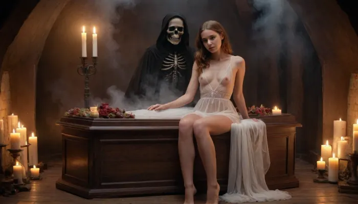 full body view, A naked young woman in a transparent white dress sits inside an open coffin. Behind her stands the Grim Reaper, holding his hand out to embrace her from above. The room is filled with candles and smoke. in the style of John Jem Books, 1970s art illustration., <lora:nudity_v02_i1300:.5>