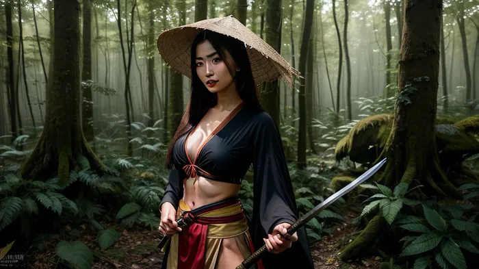 beautiful Asian girl in ninja clothes and a Vietnamese cone-shaped straw hat sneaks through the forest with a katana in her hand, the clothes are half open revealing the girl's large full breasts, moody, forest, zavy-rmlght, backlight, style, hair, light, <lora:JapaneseDollLikeness_v15:.5>