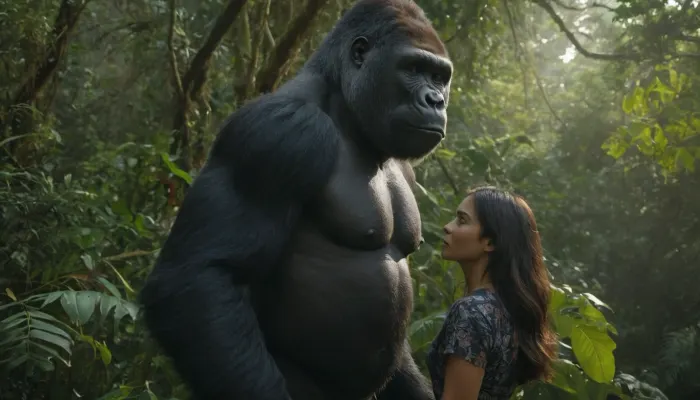 In the heart of a dense jungle, a formidable black gorilla have sex wich pretti young asian woman, its muscular form accentuated by the dappled sunlight filtering through the canopy. The gorilla's piercing red eyes glow with an intense, eerie light, and its long, flowing hair adds to its fearsome appearance. The surrounding jungle is lush and vibrant, with towering trees and thick vines, creating an atmosphere of mystery and suspense., standing, sex, <lora:TTF_5:.5>, <lora:PE_Harambe:.5>, <lora:Gorilla_XL:.5>